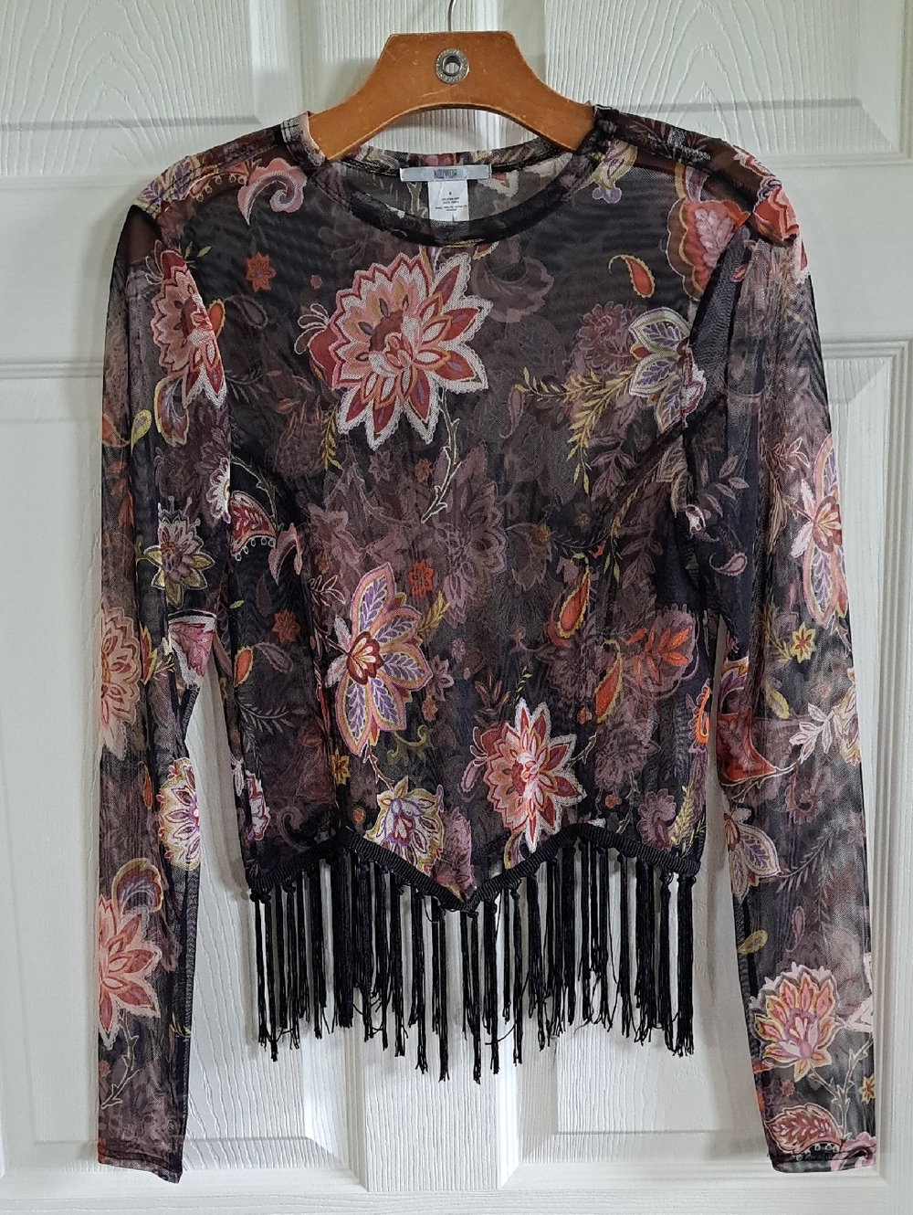 Noumoda Sheer Floral Mesh Fringe Hem Boho Y2k Indie Paisley Long Sleeve Top